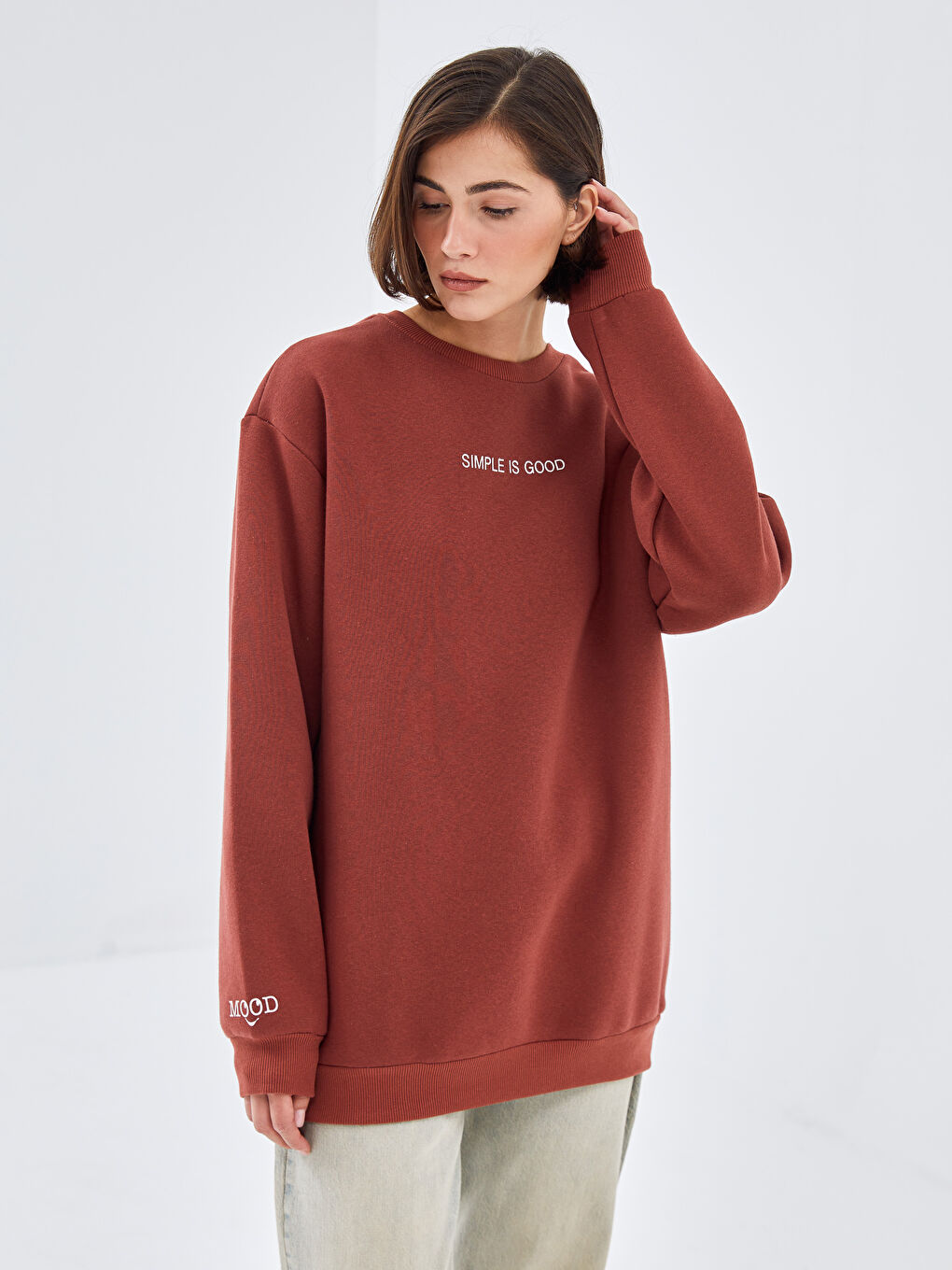 BLAİS Kiremit Bisiklet Yaka Baskılı Oversize Kadın Kalın Sweatshirt