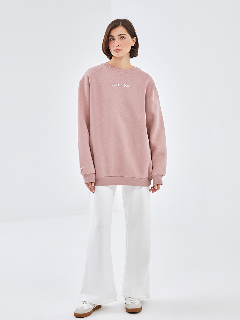 BLAİS Gülkurusu Bisiklet Yaka Baskılı Oversize Kadın Kalın Sweatshirt - 1