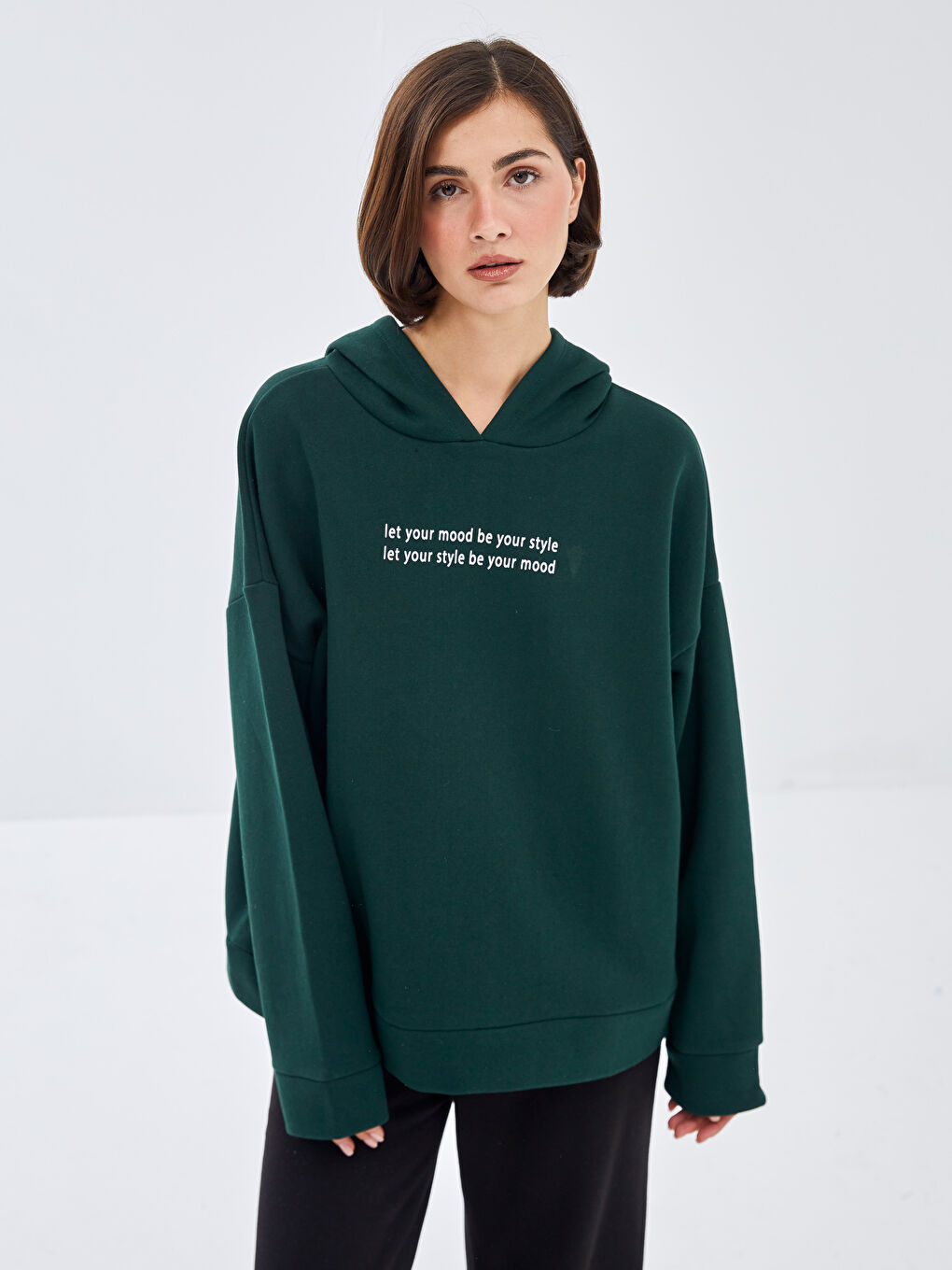 BLAİS Yeşil Baskılı Oversize Kadın Kalın Hoodie