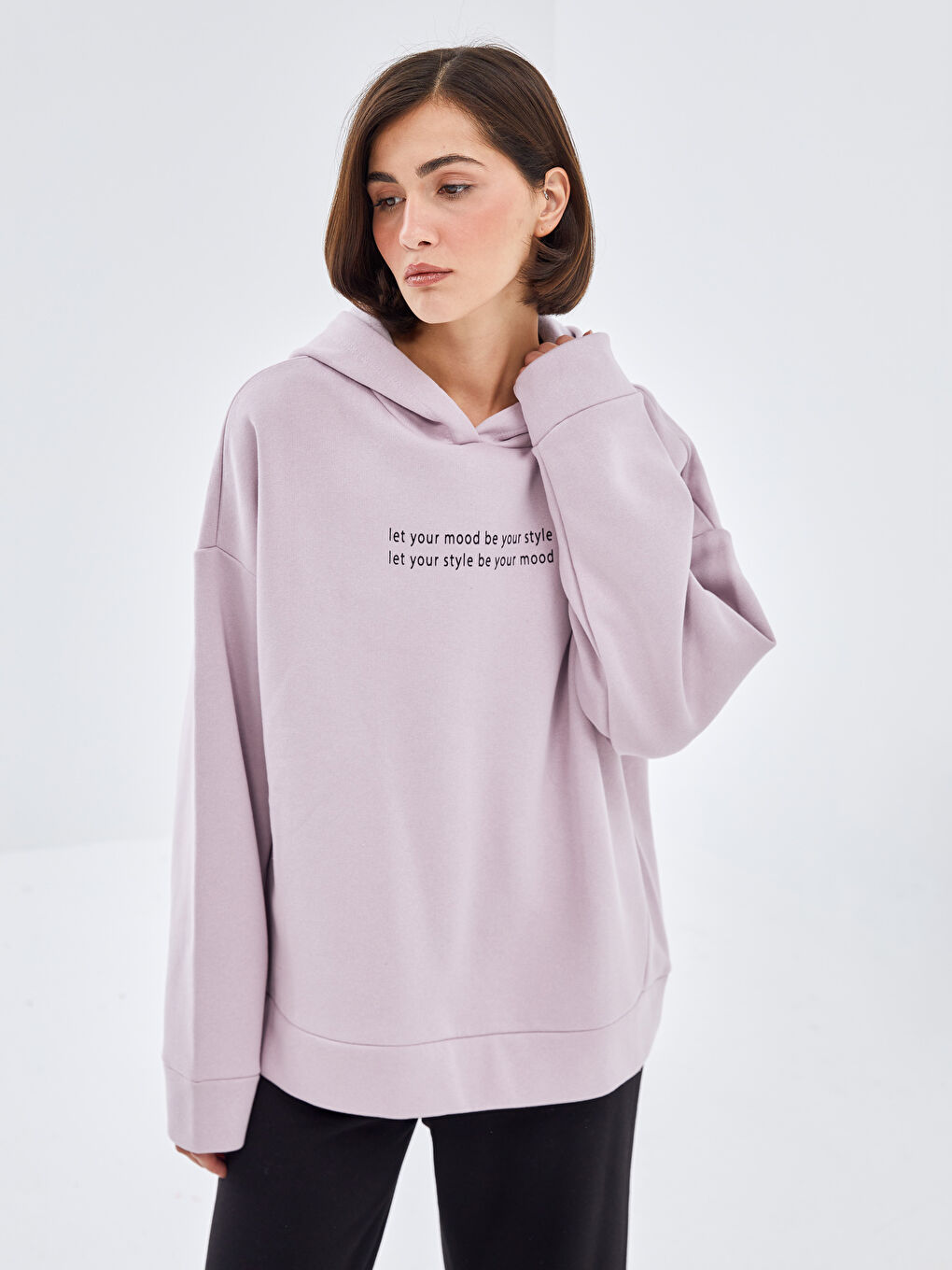 BLAİS Lila Baskılı Oversize Kadın Kalın Hoodie