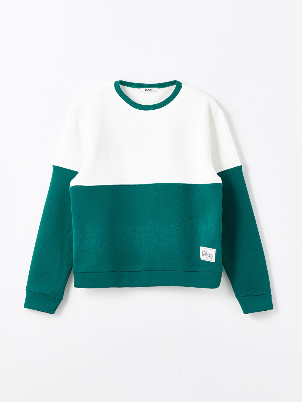 BLAİS Yeşil Bisiklet Yaka Renk Bloklu Oversize Kadın Kalın Sweatshirt - 4