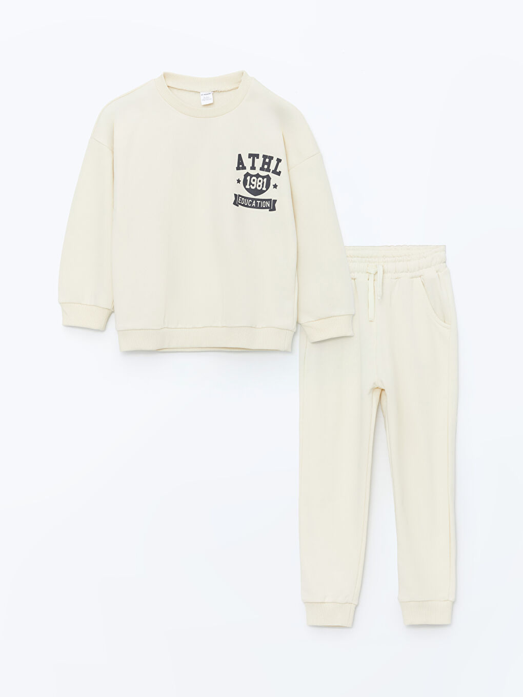 LCW Kids Açık Bej Bisiklet Yaka Uzun Kollu Baskılı Erkek Bebek Sweatshirt ve Eşofman Alt 2'li Takım