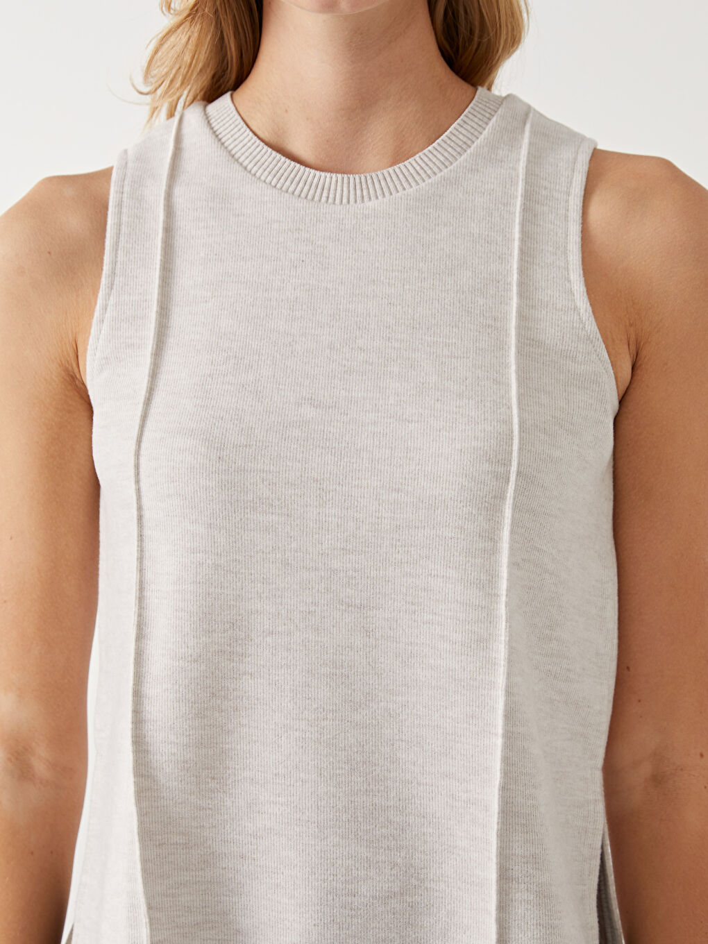 Ekru Bisiklet Yaka Kadın Triko Atlet-2