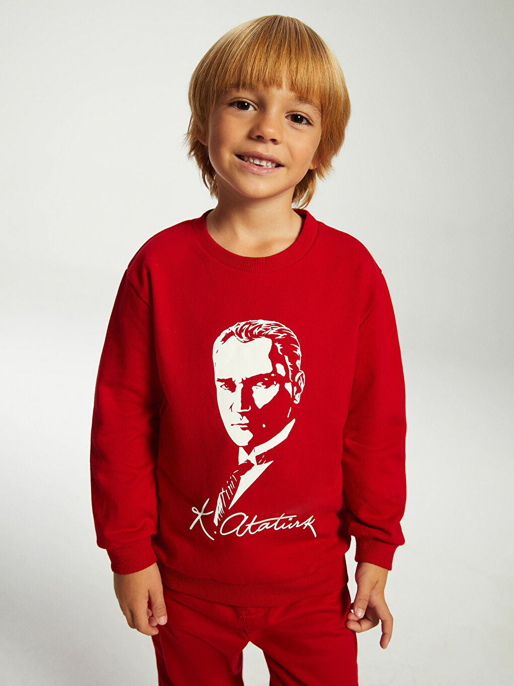 LCW Kids Kırmızı Bisiklet Yaka Atatürk Baskılı Erkek Bebek Sweatshirt