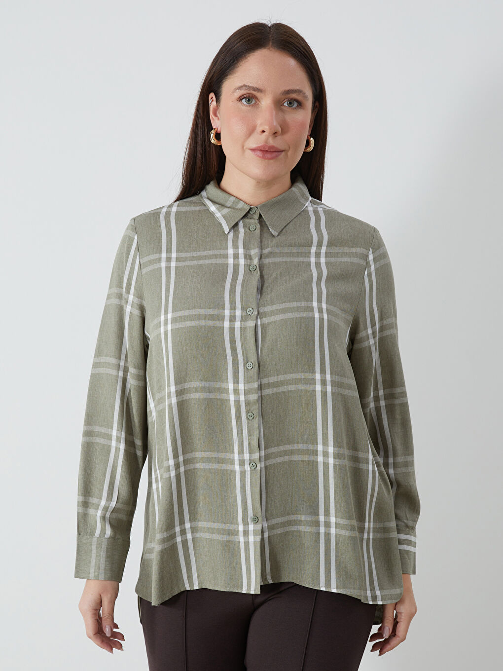Yeşil Uzun Kollu Ekose Gabardin Kadın Gömlek-1