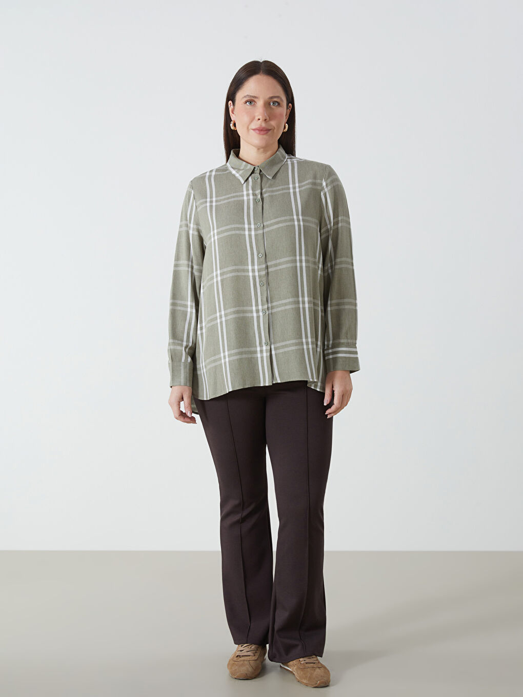 Yeşil Uzun Kollu Ekose Gabardin Kadın Gömlek-5