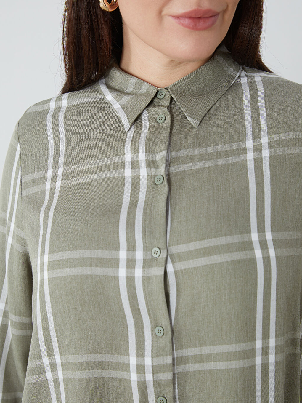 Yeşil Uzun Kollu Ekose Gabardin Kadın Gömlek-6