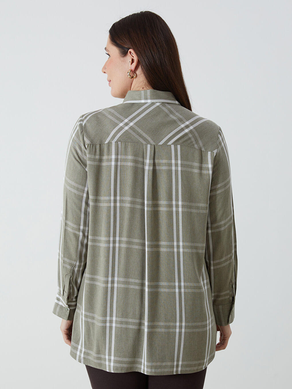 Yeşil Uzun Kollu Ekose Gabardin Kadın Gömlek-7