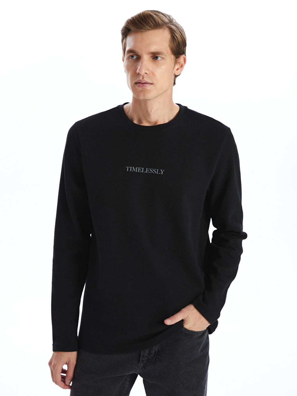 LCW ECO Yeni Siyah Bisiklet Yaka Uzun Kollu Baskılı Erkek Sweatshirt