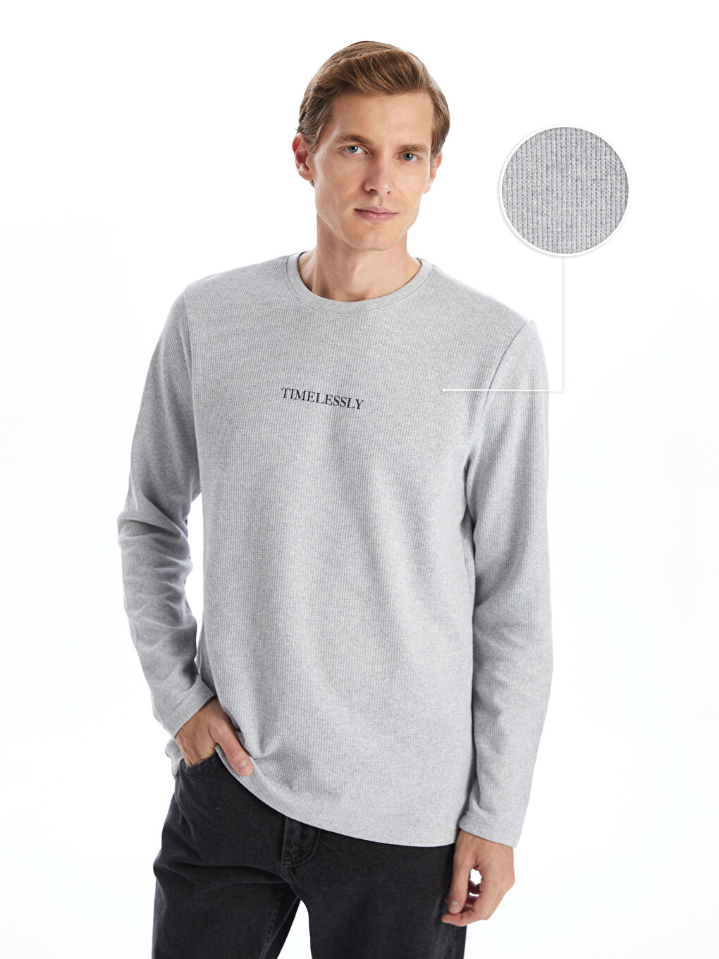 LCW ECO Açık Gri Melanj Bisiklet Yaka Uzun Kollu Baskılı Erkek Sweatshirt