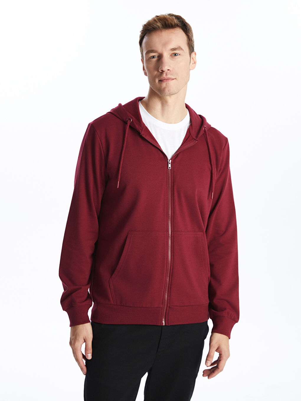 LCW ECO Bordo Kapüşonlu Uzun Kollu Erkek Fermuarlı Sweatshirt