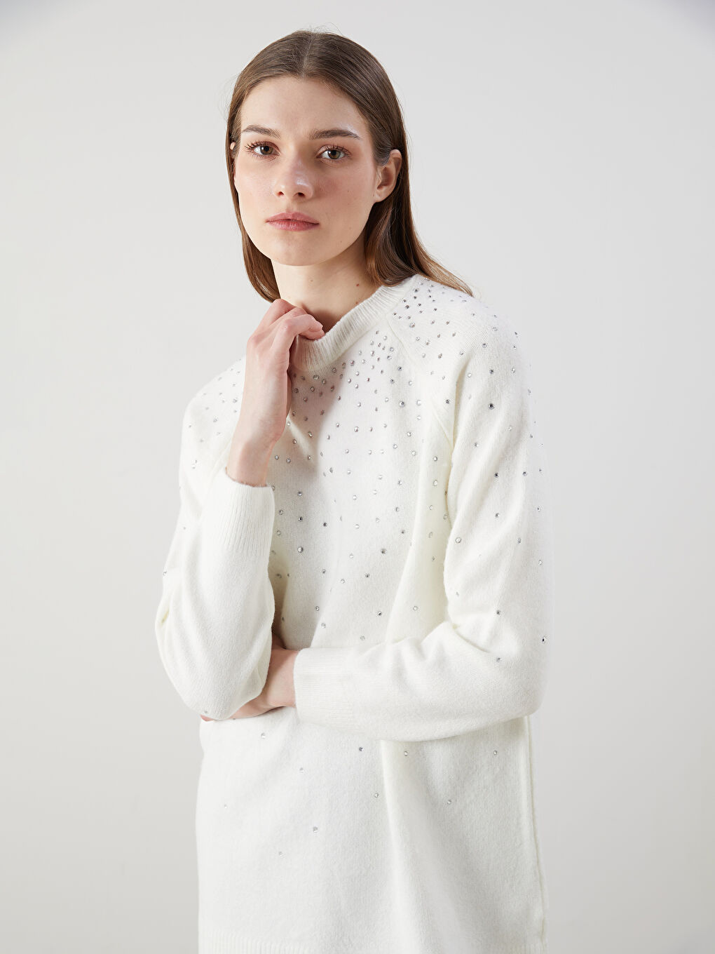 Ekru Bisiklet Yaka Taşlı Kadın Triko Tunik