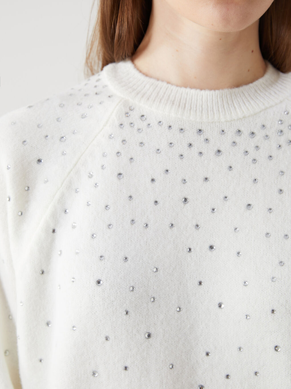 Ekru Bisiklet Yaka Taşlı Kadın Triko Tunik-2