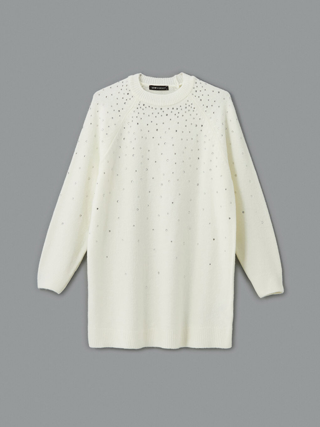 Ekru Bisiklet Yaka Taşlı Kadın Triko Tunik-4