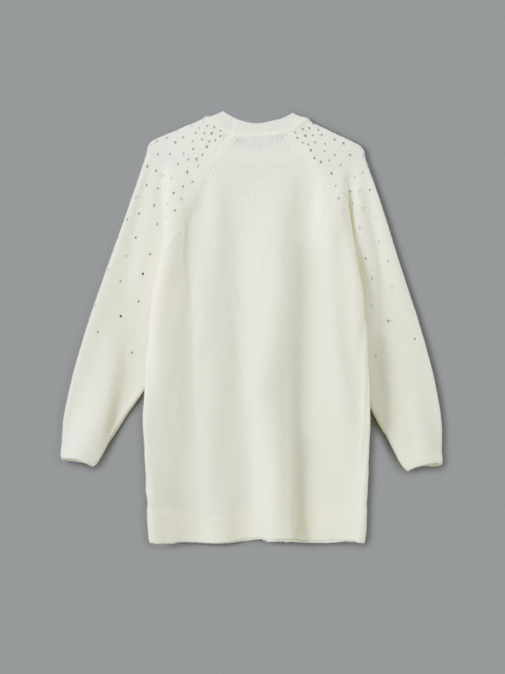 Ekru Bisiklet Yaka Taşlı Kadın Triko Tunik-5