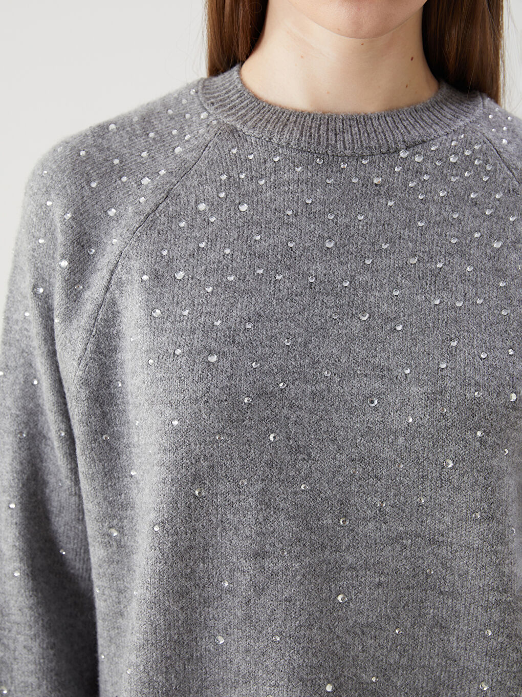 Gri Bisiklet Yaka Taşlı Kadın Triko Tunik-2