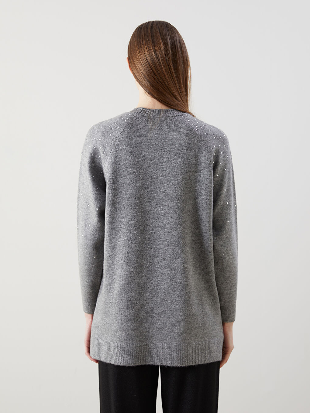 Gri Bisiklet Yaka Taşlı Kadın Triko Tunik-3