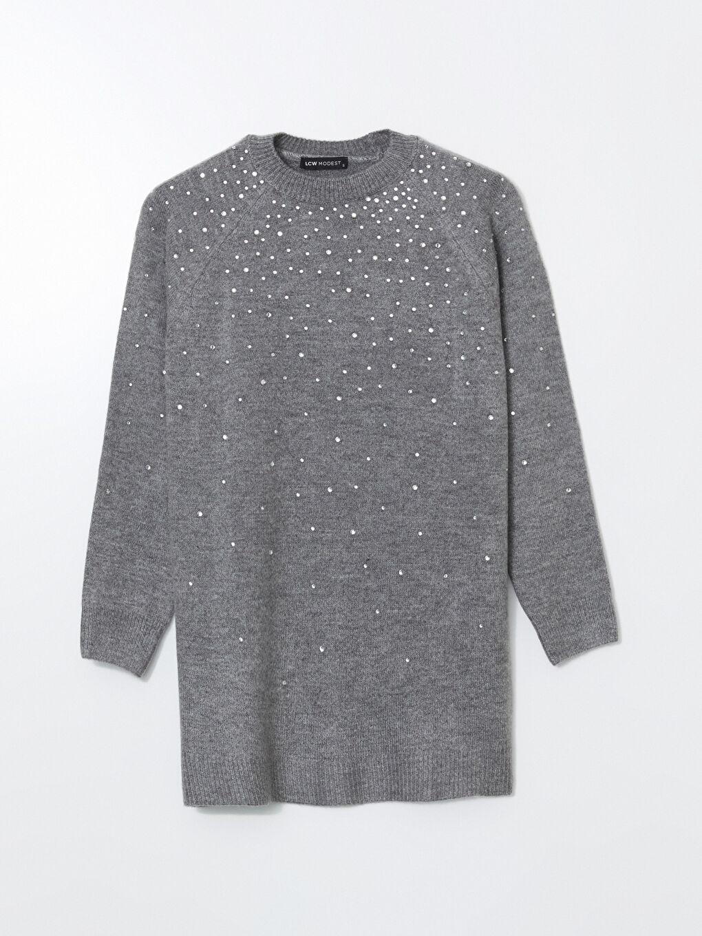 Gri Bisiklet Yaka Taşlı Kadın Triko Tunik-4