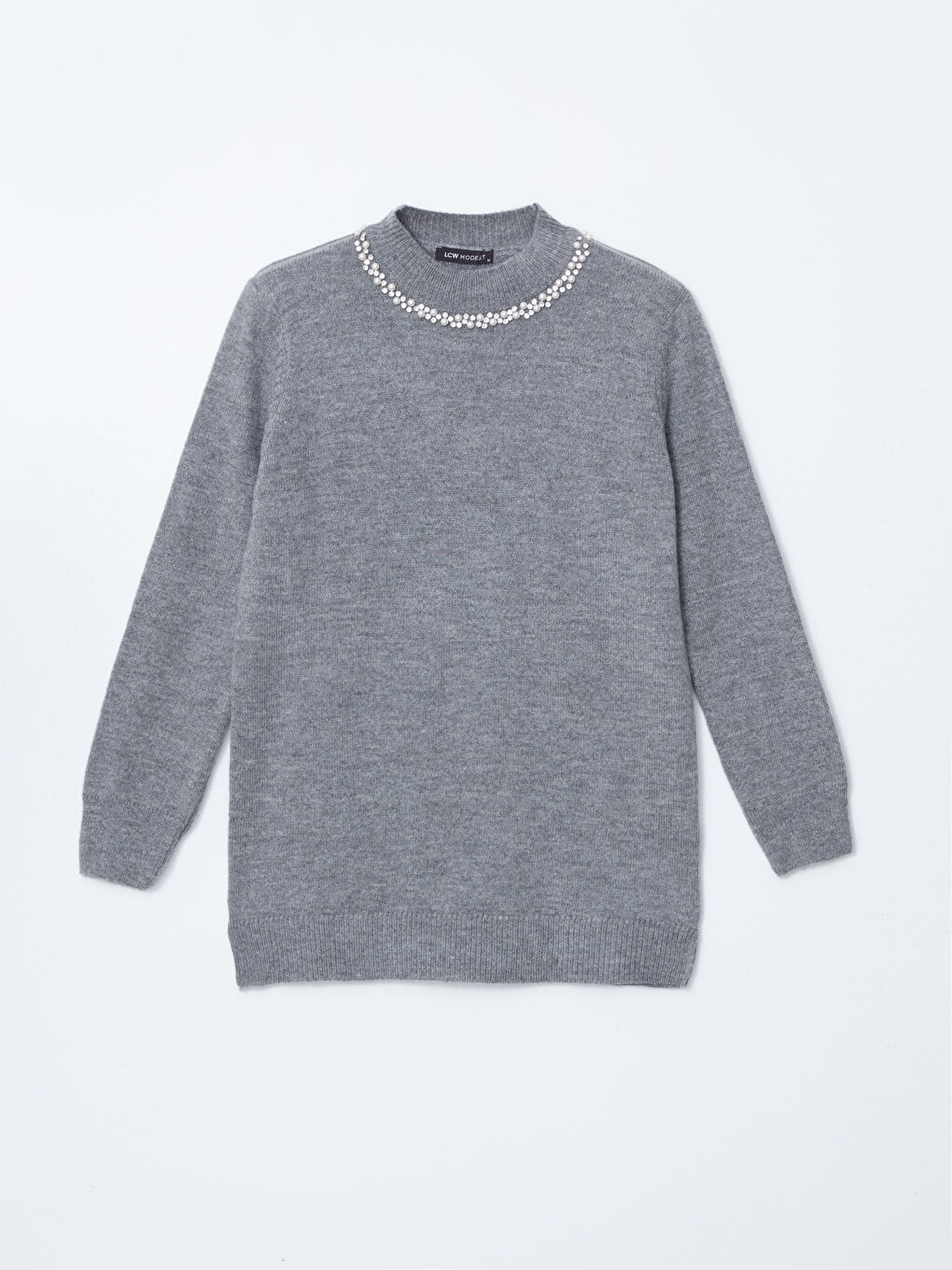 Antrasit Bisiklet Yaka Taşlı Kadın Triko Tunik-4