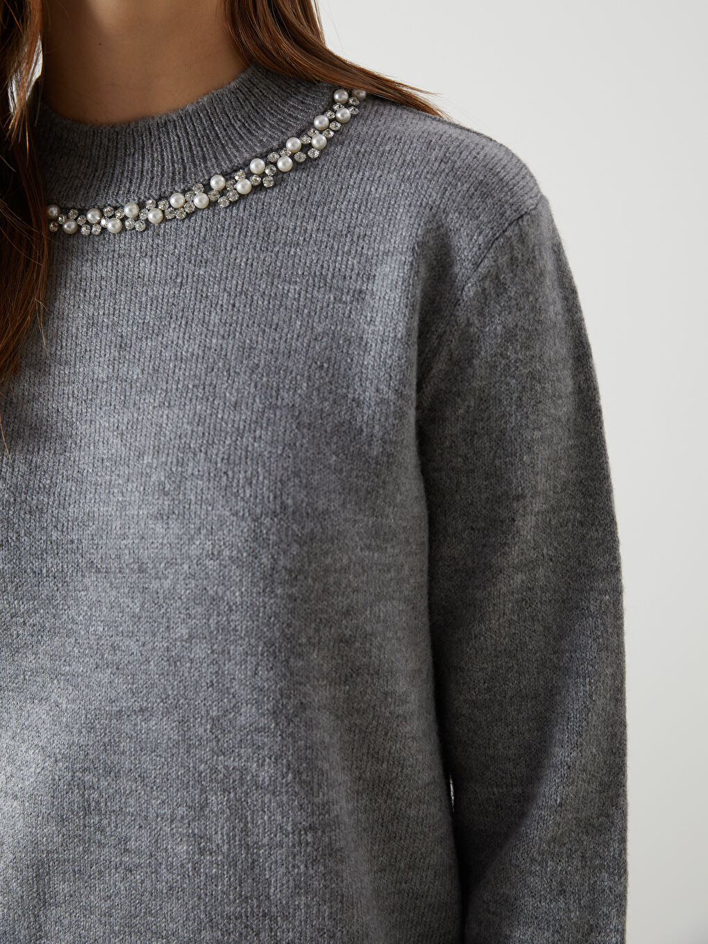 Antrasit Bisiklet Yaka Taşlı Kadın Triko Tunik-2