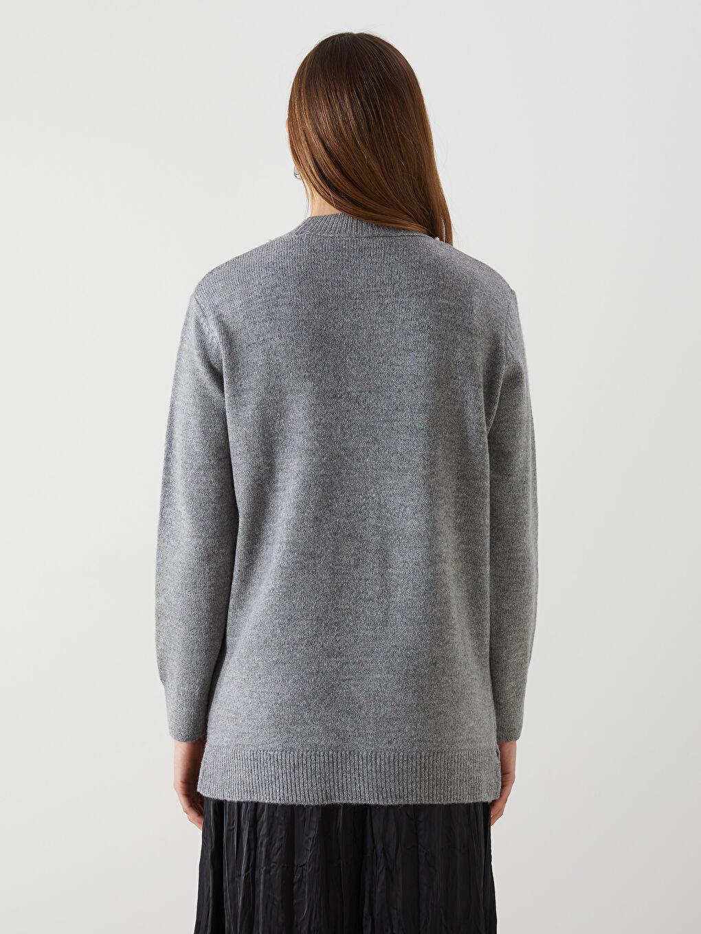 Antrasit Bisiklet Yaka Taşlı Kadın Triko Tunik-3