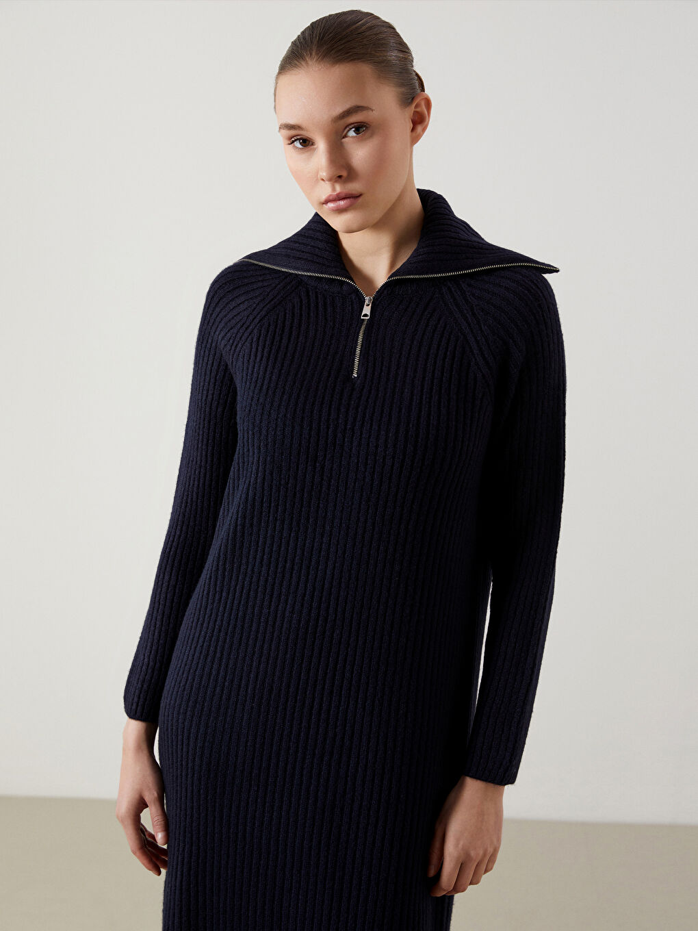 Lacivert Kayık Yaka Kadın Triko Elbise-1