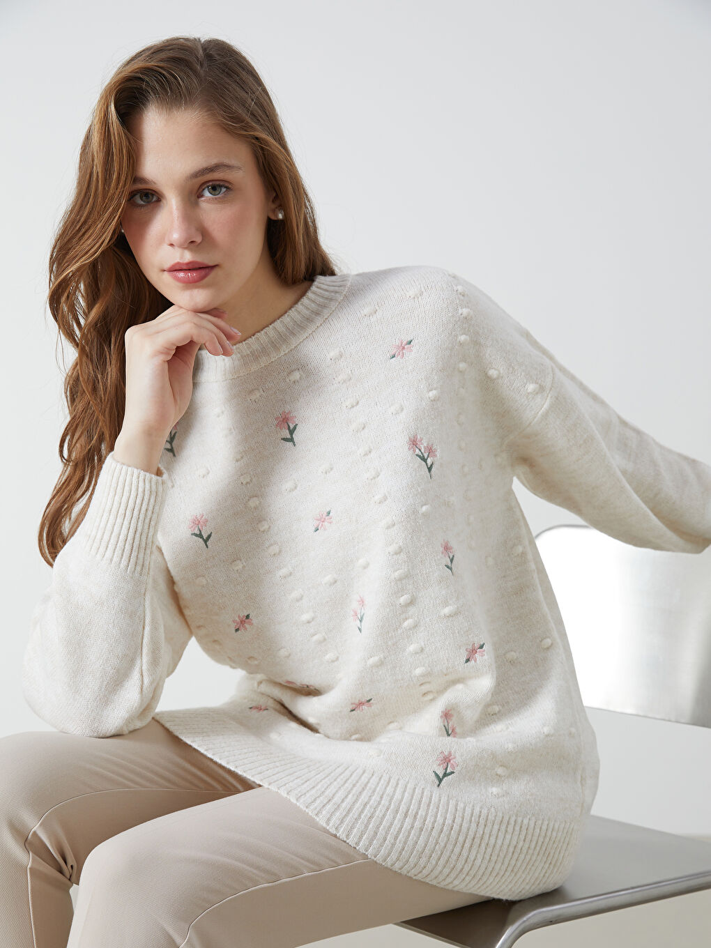 LCW Modest Crew Neck Floral Embroidered Women's Knitwear Tunic -W4K241Z8-FDU