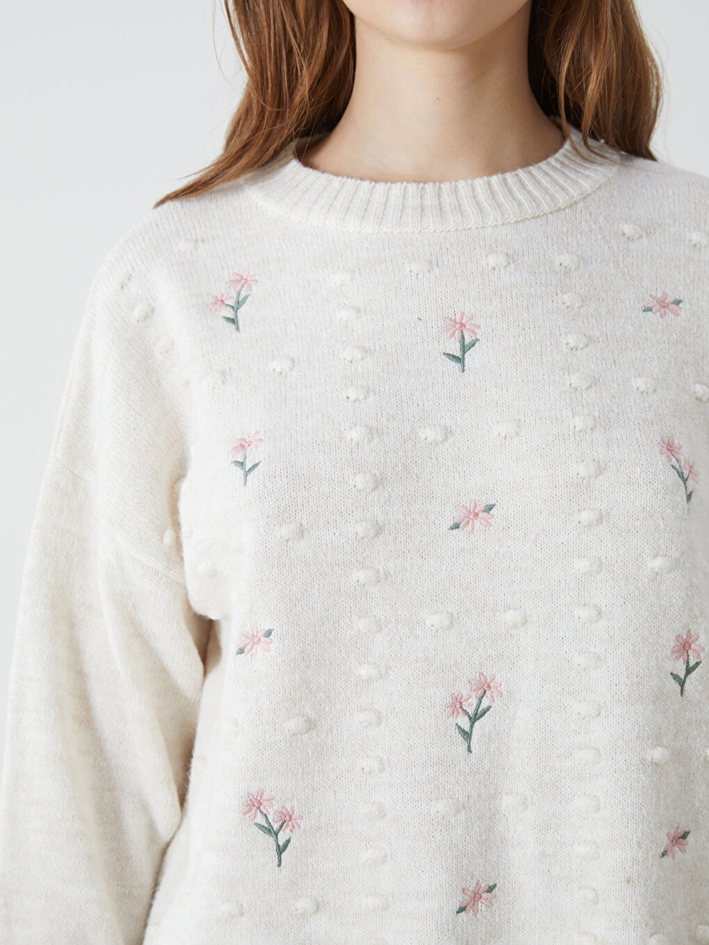 LCW Modest Crew Neck Floral Embroidered Women's Knitwear Tunic -W4K241Z8-FDU