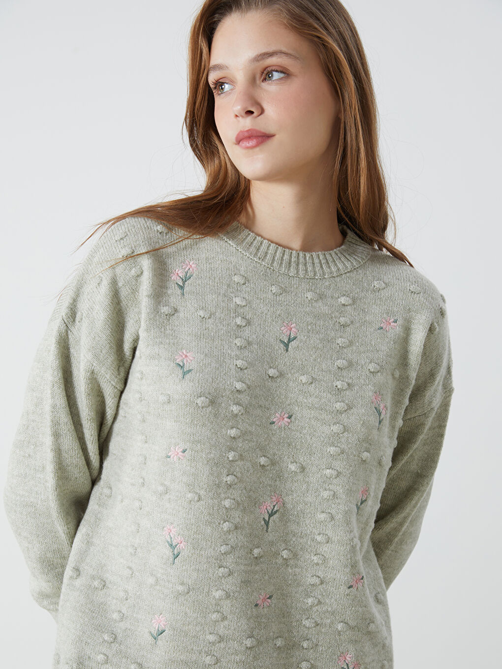 LCW Modest Crew Neck Floral Embroidered Women's Knitwear Tunic -W4K241Z8-SRS