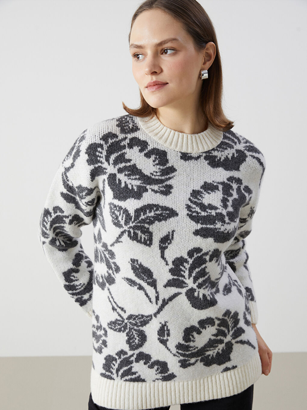 Crew Neck Floral Women's Knitwear Sweater -W4K249Z8-MJQ