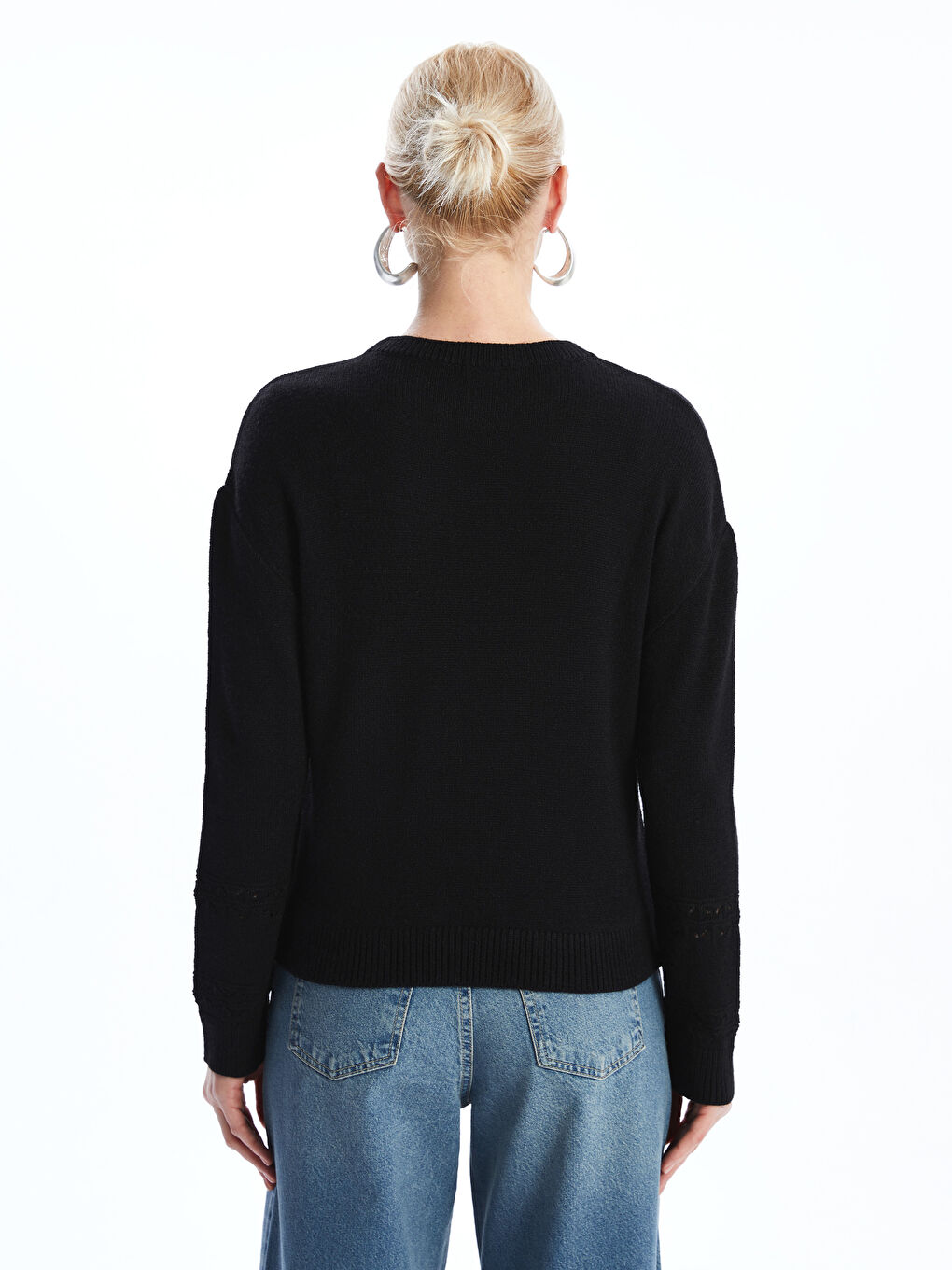 كنزة صوفية تريكو نسائية بياقة دائرية ونقشة ذاتية-3