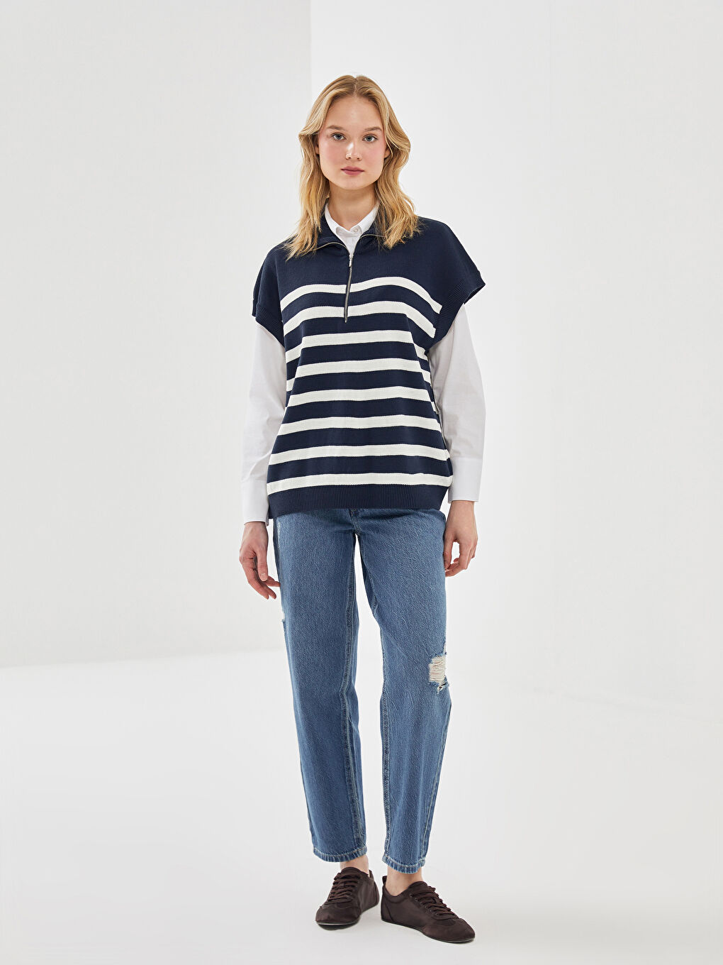 Funnel Neck Striped Women's Knitwear Sweater Vest-1