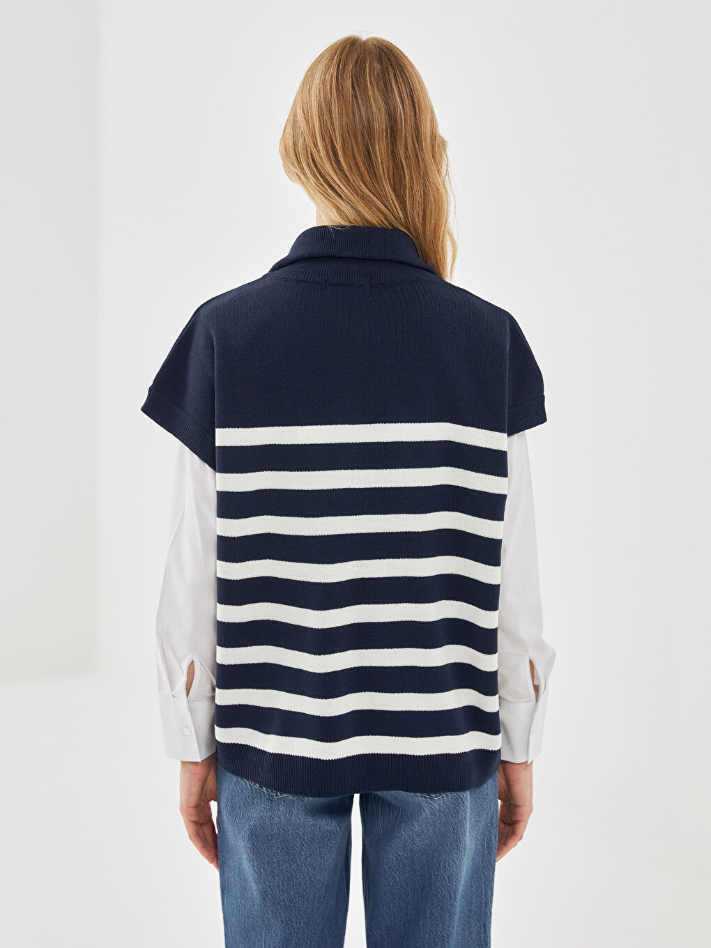 Funnel Neck Striped Women's Knitwear Sweater Vest-3