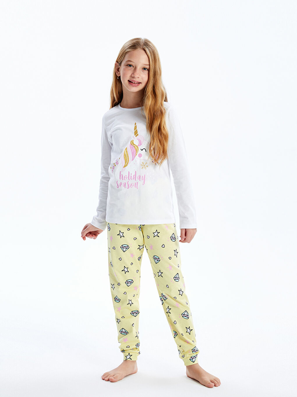 Beyaz Bisiklet Yaka Kız Çocuk Pijama Takımı-1