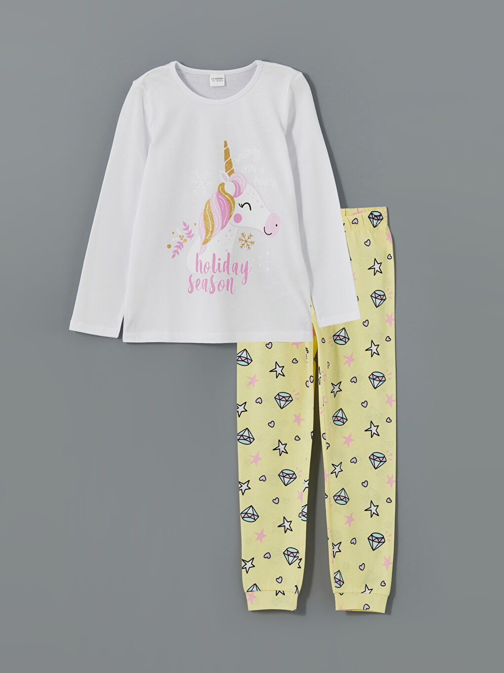 LCW Kids Beyaz Bisiklet Yaka Kız Çocuk Pijama Takımı