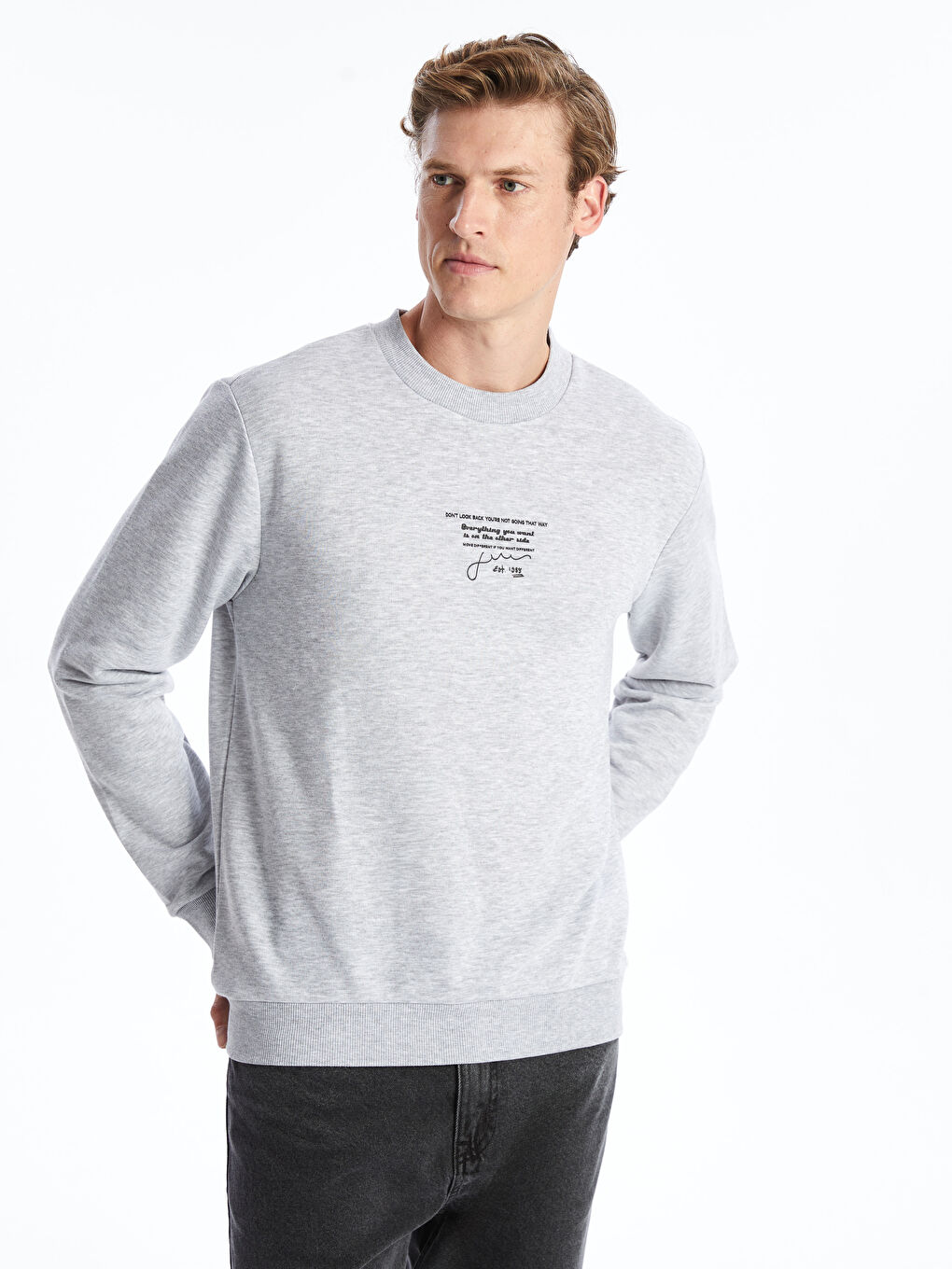 LCW ECO Gri Melanj Bisiklet Yaka Uzun Kollu Baskılı Erkek Sweatshirt