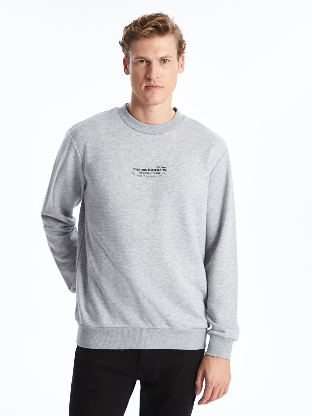 LCW ECO Gri Melanj Bisiklet Yaka Uzun Kollu Baskılı Erkek Sweatshirt