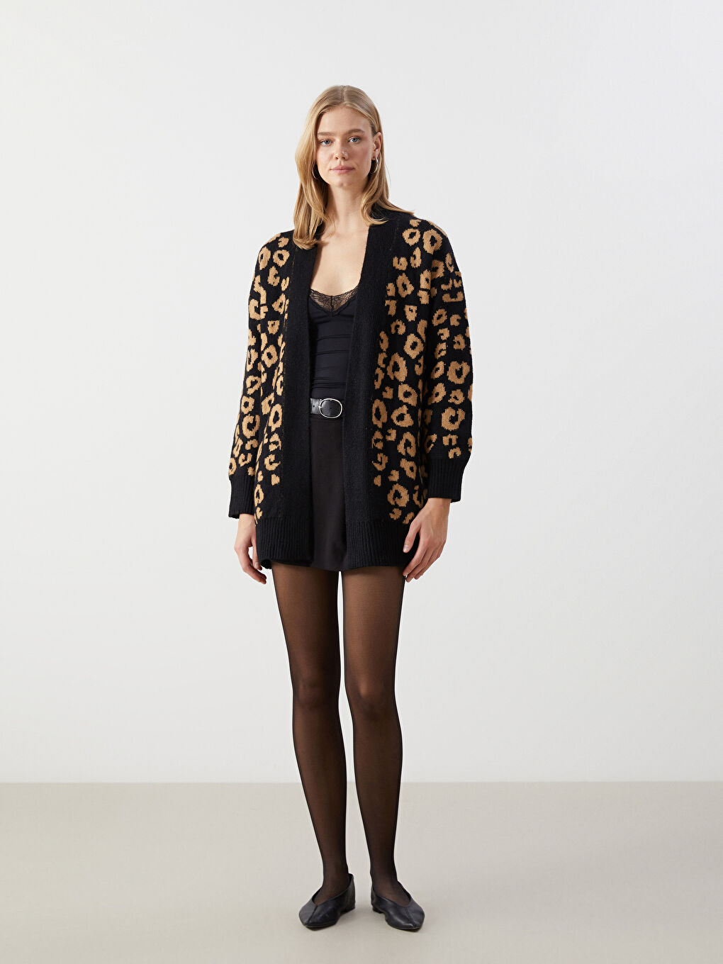 Cardigan en Tricot à Col Châle Imprimé Léopard pour Femmes-1