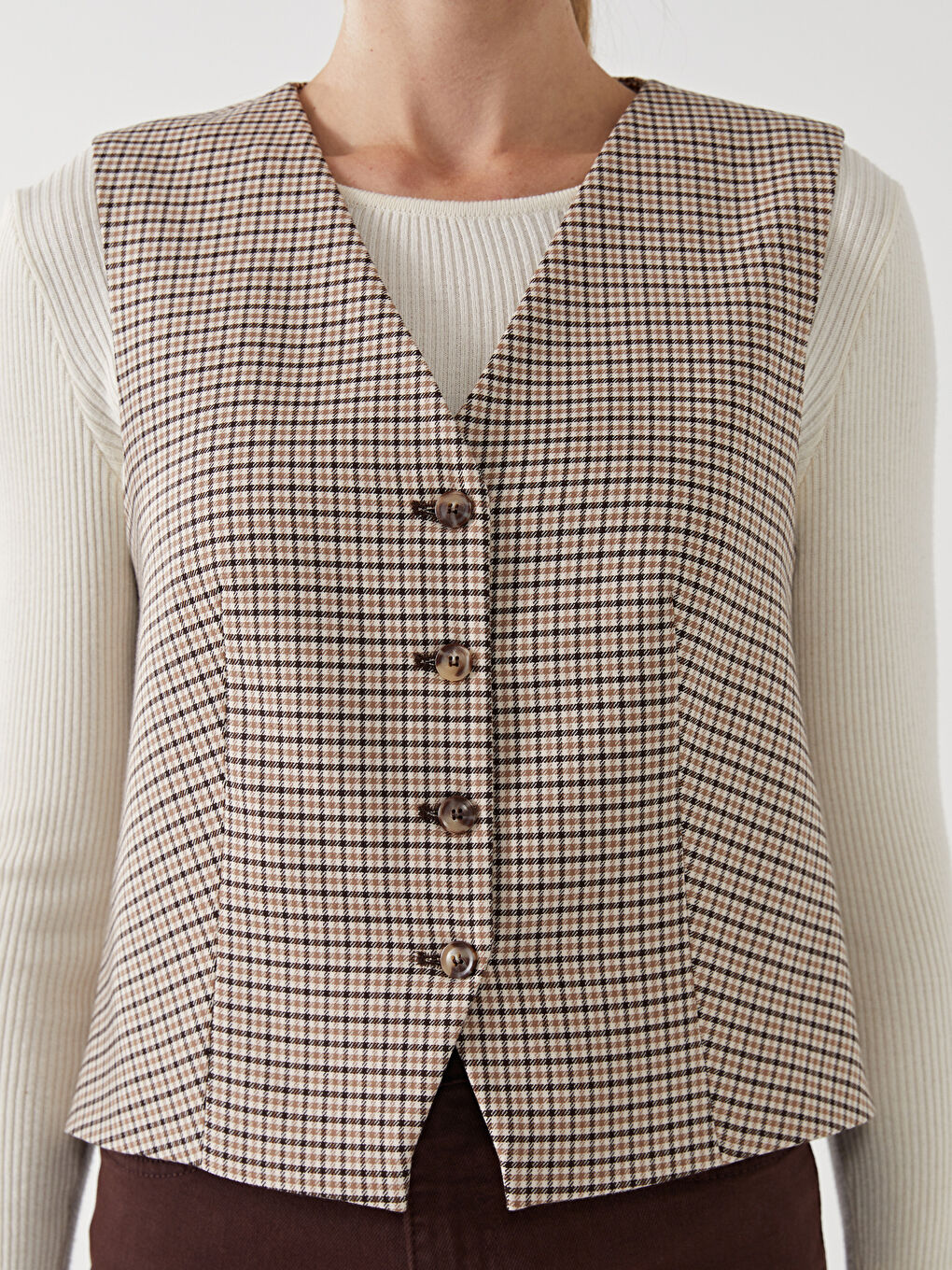 LCW Modest V Neck Plaid Women's Classic Waistcoat -W4K371Z8-LLL