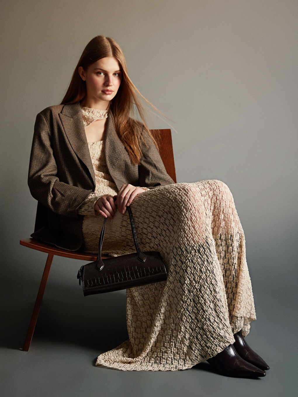 Kahverengi Ekose Kadın Blazer Ceket