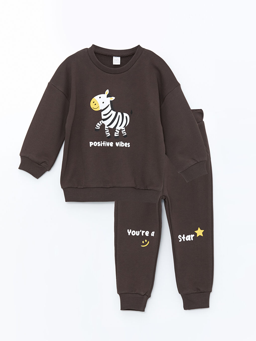 LCW ECO Kahverengi Bisiklet Yaka Uzun Kollu Baskılı Erkek Bebek Sweatshirt ve Eşofman Alt 2'li Takım