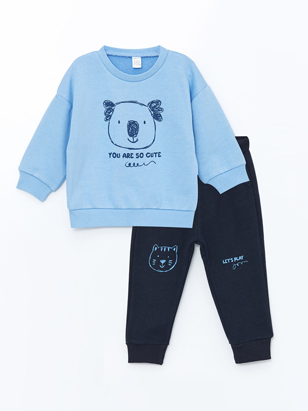 LCW ECO Mavi Bisiklet Yaka Uzun Kollu Baskılı Erkek Bebek Sweatshirt ve Eşofman Alt 2'li Takım