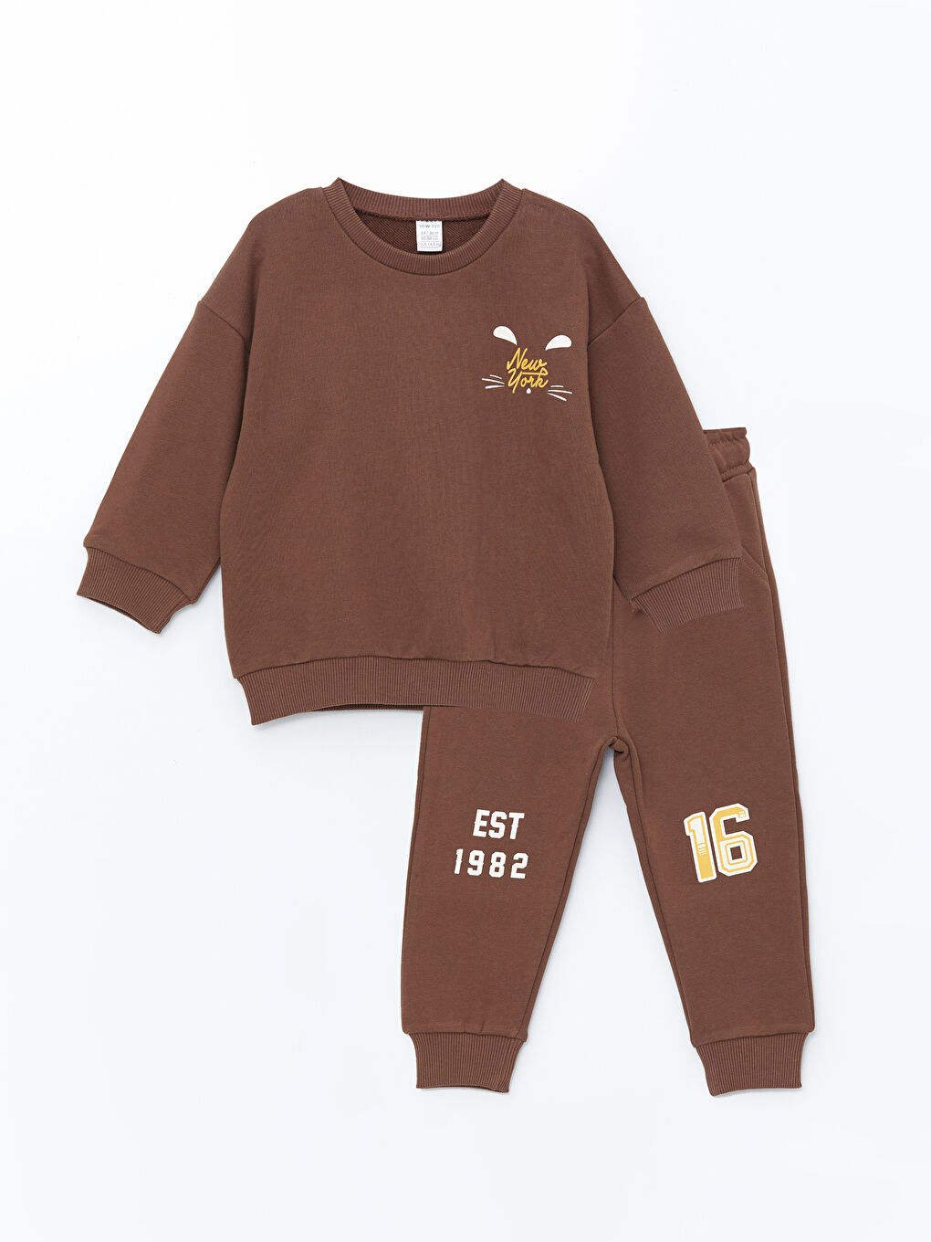 LCW ECO Kahverengi Bisiklet Yaka Uzun Kollu Baskılı Erkek Bebek Sweatshirt ve Eşofman Alt 2'li Takım