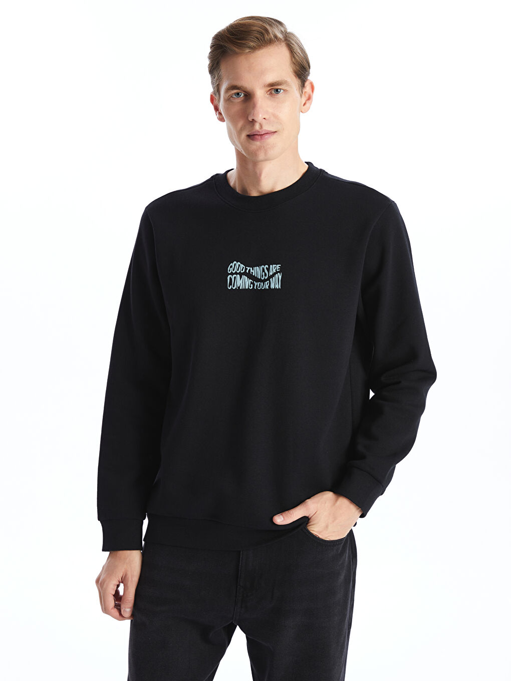 LCW ECO Siyah Bisiklet Yaka Uzun Kollu Baskılı Erkek Kalın Sweatshirt