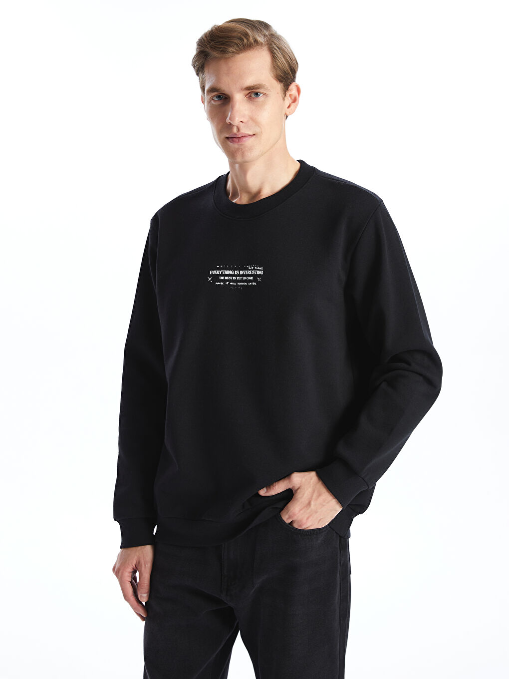 LCW ECO Yeni Siyah Bisiklet Yaka Uzun Kollu Baskılı Erkek Sweatshirt