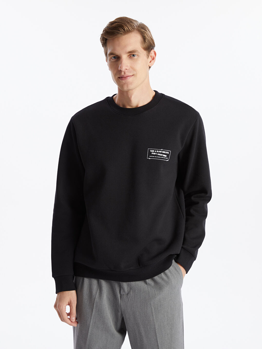 LCW ECO Siyah Bisiklet Yaka Uzun Kollu Baskılı Erkek Sweatshirt