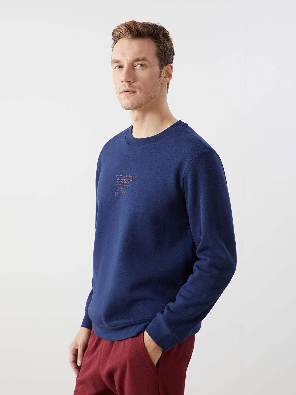 Lacivert Bisiklet Yaka Baskılı Erkek Kalın Sweatshirt