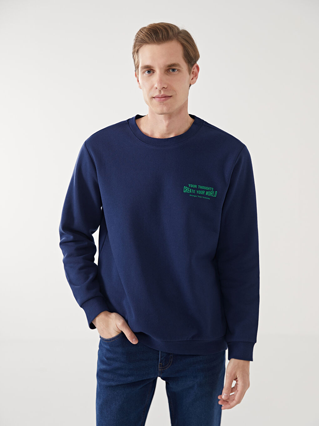 LCW ECO Lacivert Bisiklet Yaka Uzun Kollu Baskılı Erkek Kalın Sweatshirt