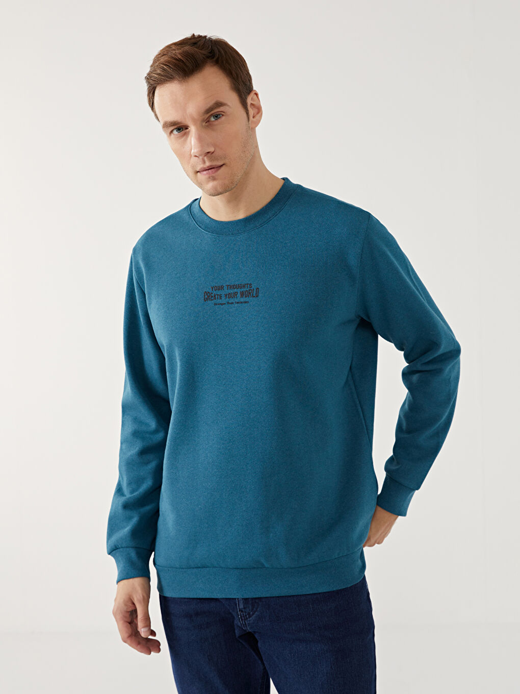 LCW ECO Petrol Bisiklet Yaka Uzun Kollu Baskılı Erkek Kalın Sweatshirt