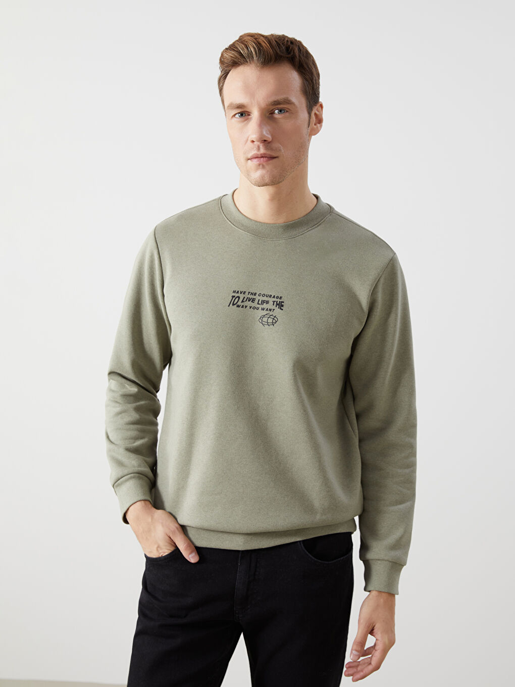 LCW ECO Haki Bisiklet Yaka Uzun Kollu Baskılı Erkek Kalın Sweatshirt